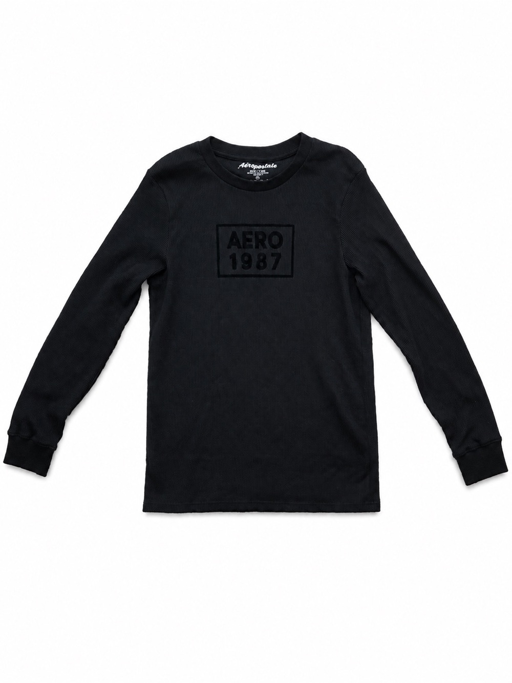 Aeropostale Men’s Black Long Sleeve 'AERO 1987' Waffle Knit